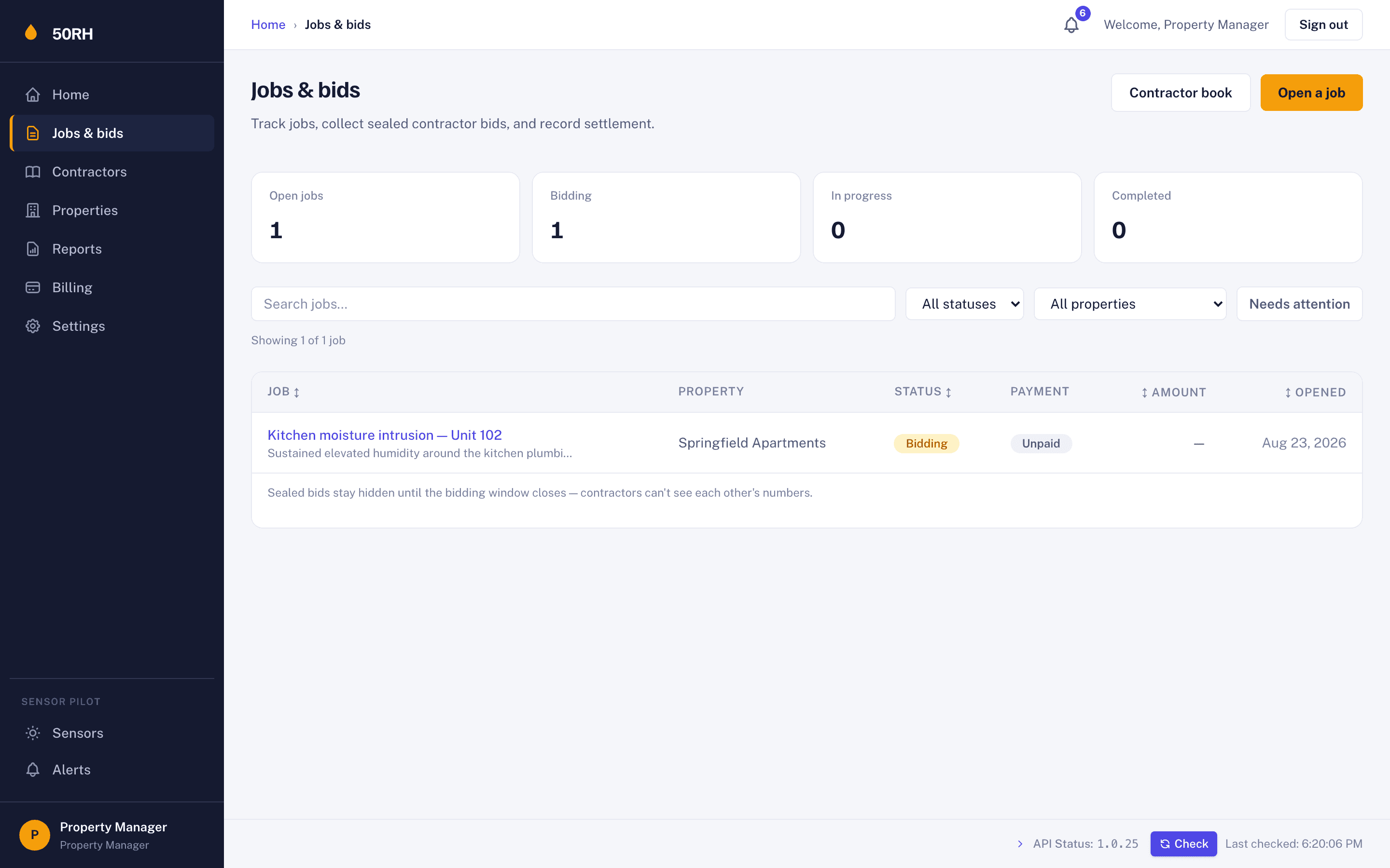 Jobs & bids list in the 50RH app with a job collecting sealed bids